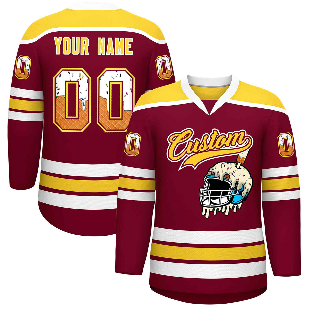 Custom Crimson Gold Ice Cream Helmet Pattern Personalized V-Neck Hockey Jersey