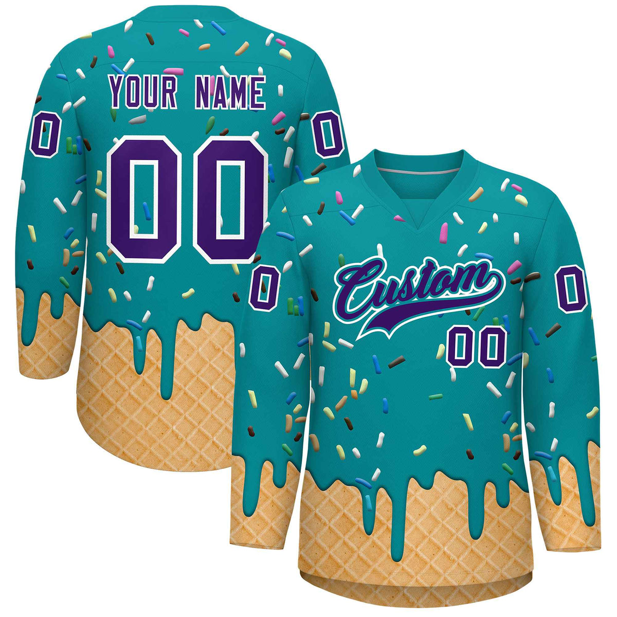 Custom Teal Purple Ice Cream Pattern Personalized V-Neck Hockey Jersey