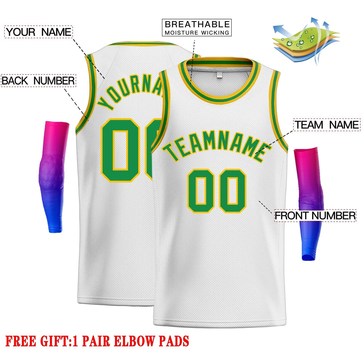 Custom White Green-Yellow Classic Tops Men Casual Basketball Jersey