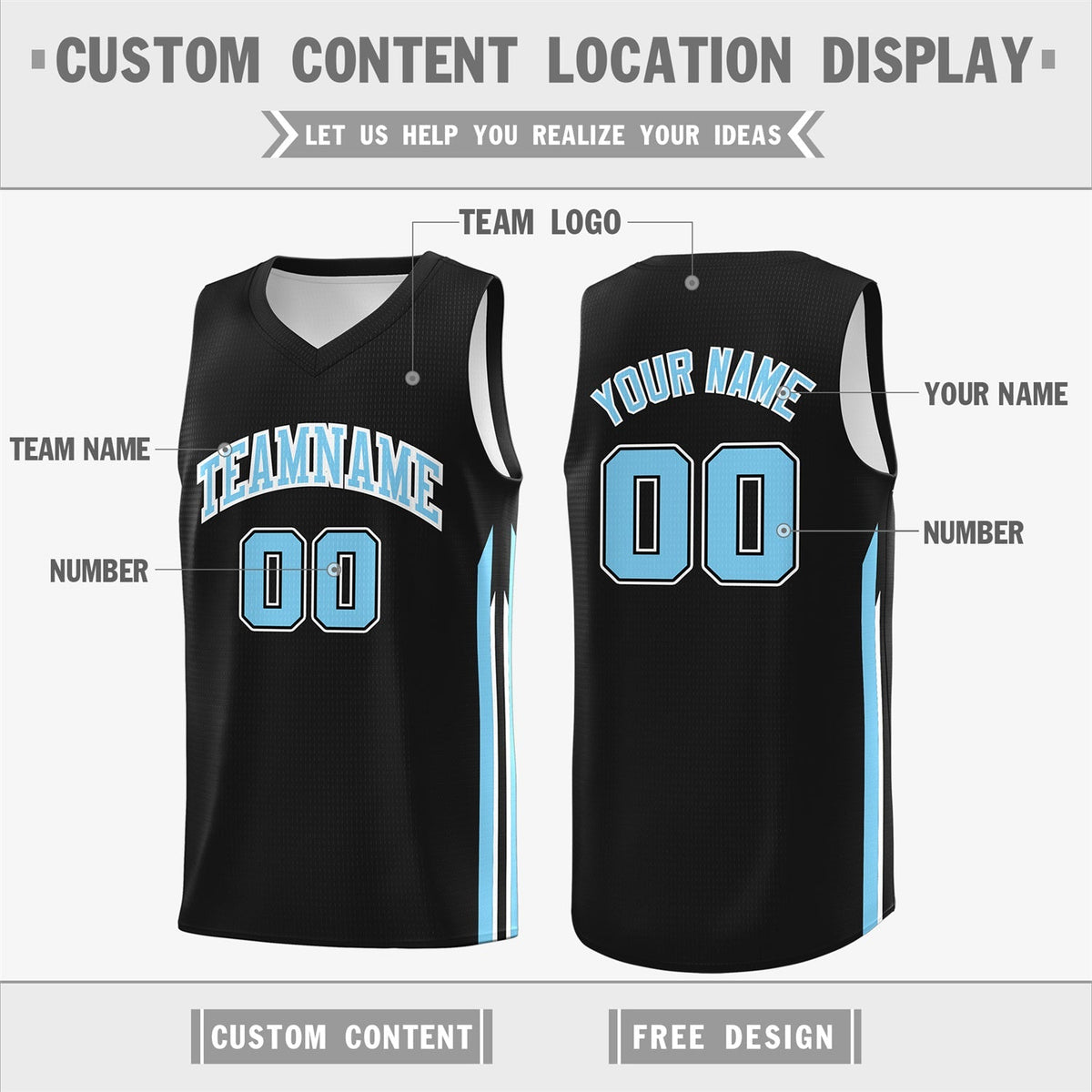 Custom Black Light Blue Classic Tops Athletic Casual Basketball Jersey