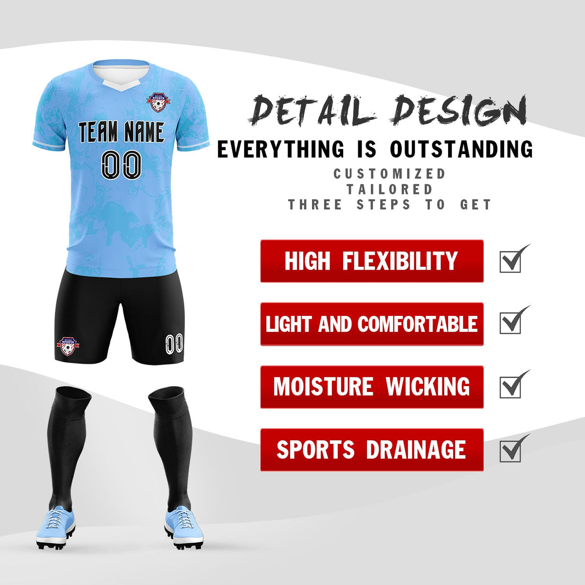 Custom Light Blue Classic Graffiti Pattern Sportswear Soccer Tops/Sets Jersey
