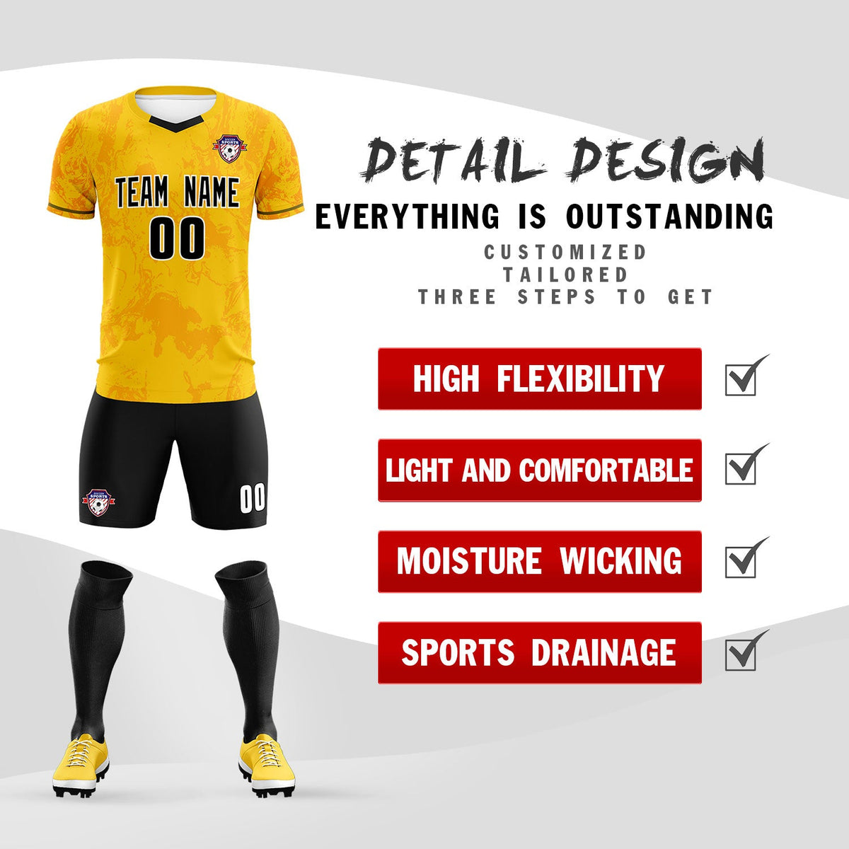 Custom Gold Classic Graffiti Pattern Sportswear Soccer Tops/Sets Jersey