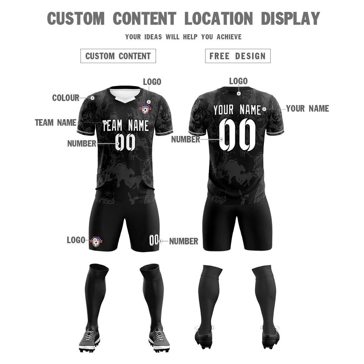 Custom Black Classic Graffiti Pattern Sportswear Soccer Tops/Sets Jersey
