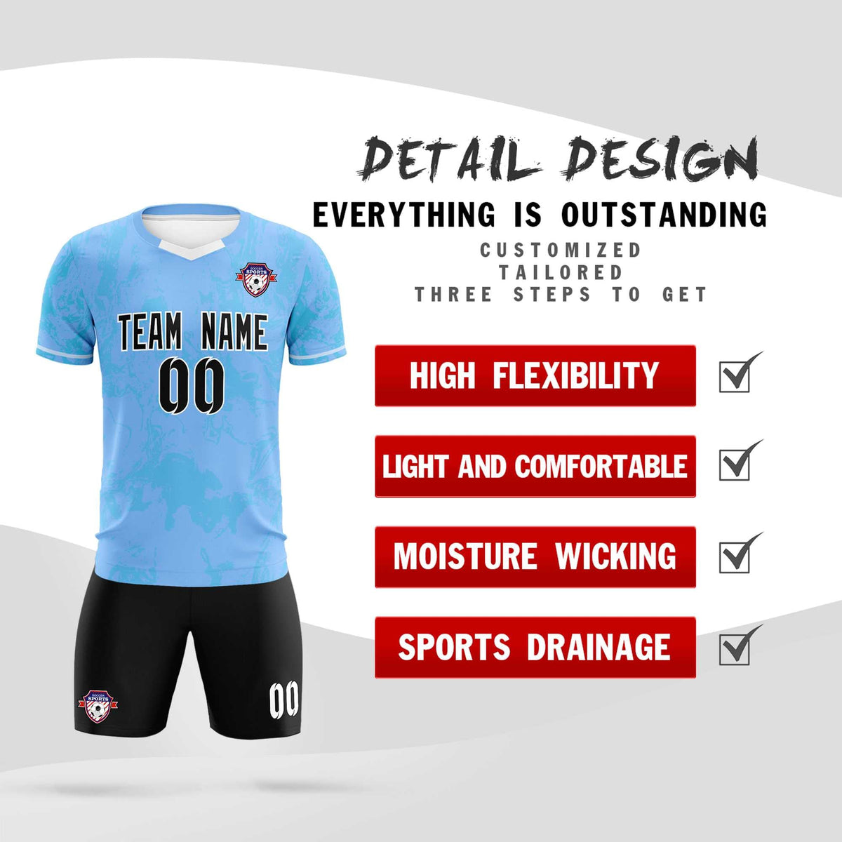 Custom Light Blue Classic Graffiti Pattern Sportswear Soccer Tops/Sets Jersey