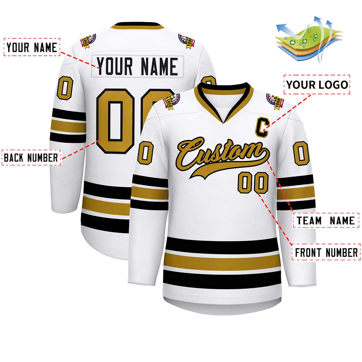 Custom White Old Gold-Black Classic Style Hockey Jersey