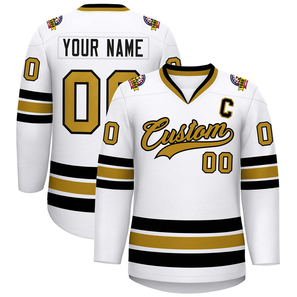 Custom White Old Gold-Black Classic Style Hockey Jersey