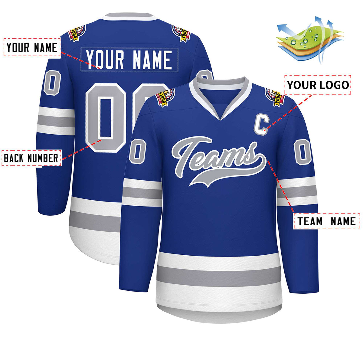 Custom Royal Gray-White Classic Style Hockey Jersey