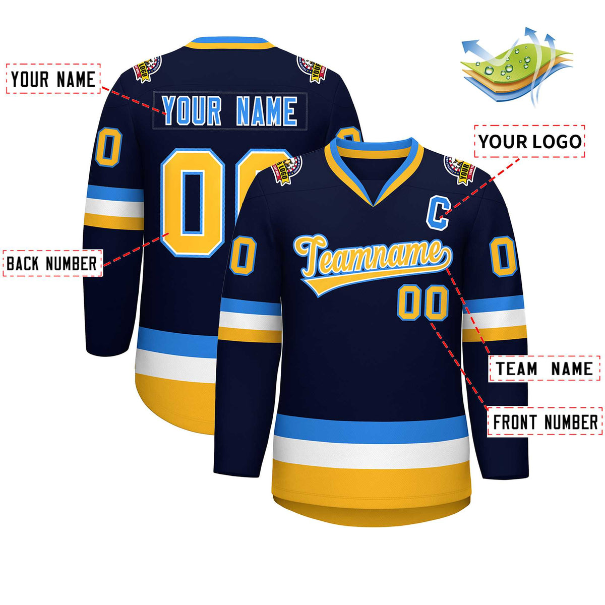 Custom Navy Gold White-Powder Blue Classic Style Hockey Jersey